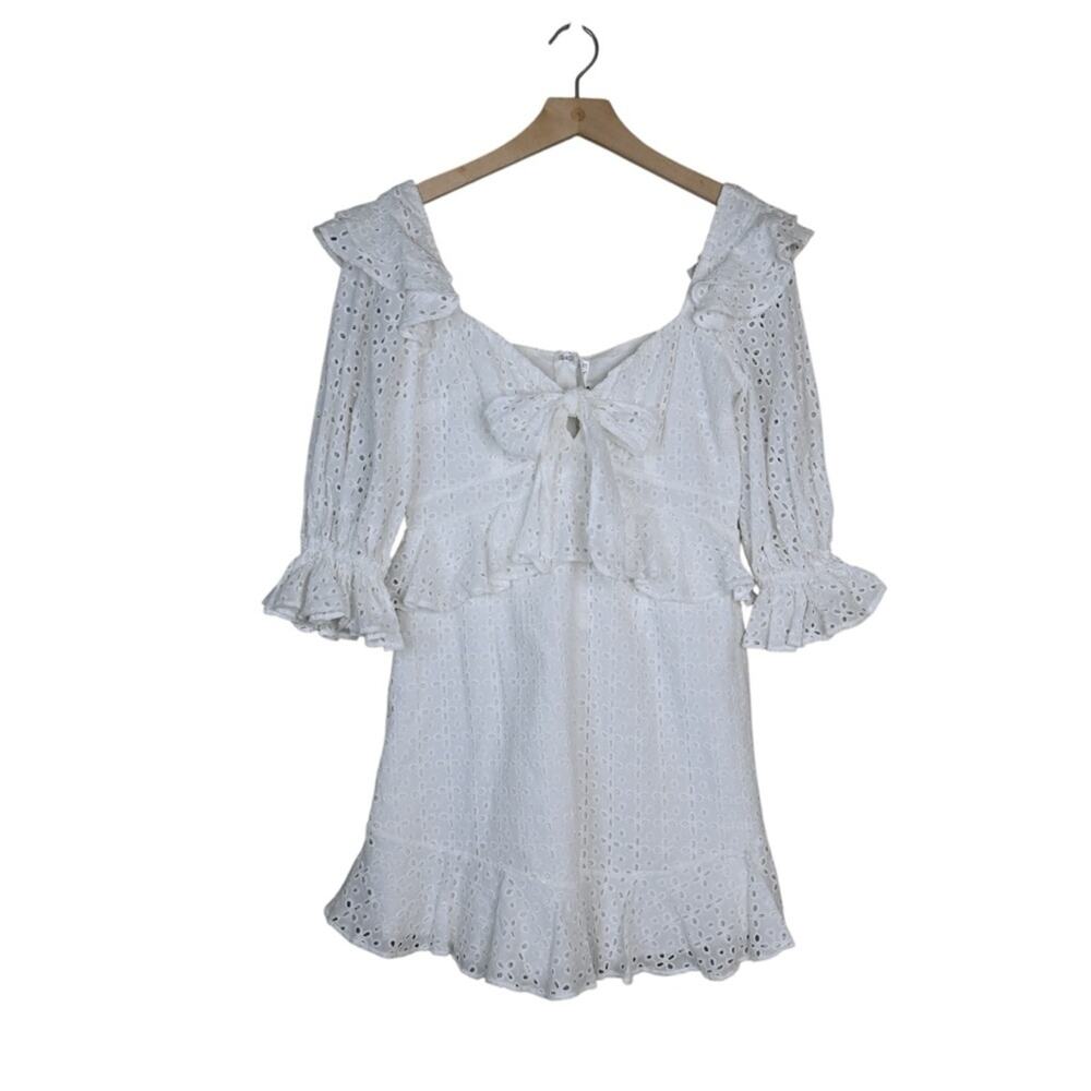 Indikah by Angel Biba Womens M White Eyelet Ruffle Mini Dress NEW